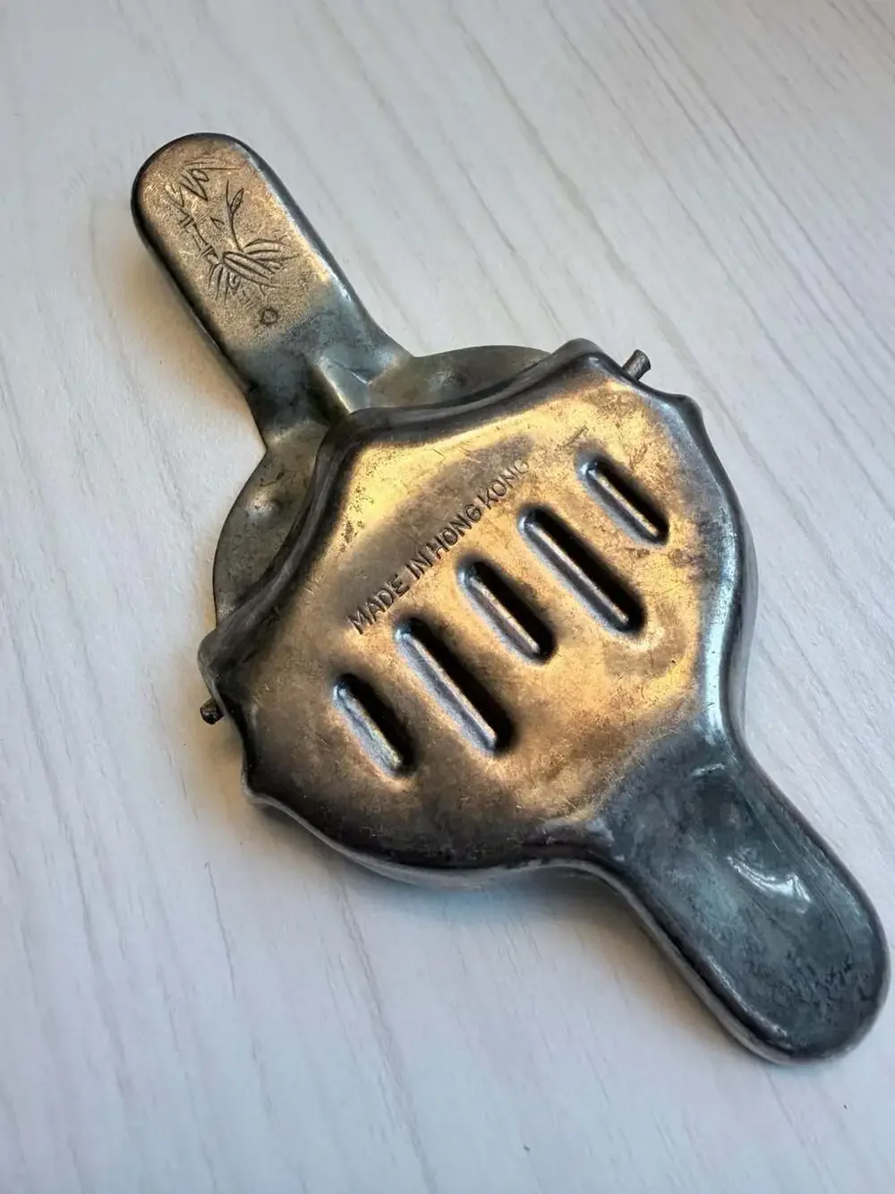 Vintage Made in Hong Kong Silverplated Lemon Lime Tea Bag Squeezer with Bamboo H